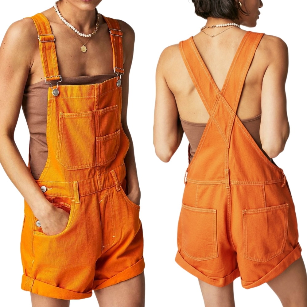 Retro Bib Overalls Patch Chest Pocket Sleeveless Romper Jean Denim Shorts Orange